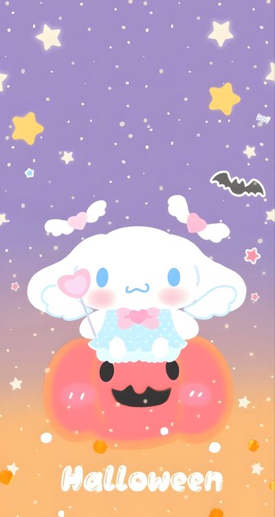 a cartoon character sitting on top of a donut in front of a purple sky Cinnamon Roll Hello Kitty Halloween Cinnamoroll Fall, Cinnamoroll Halloween, Cinnamoroll In A Pumpkin, plum