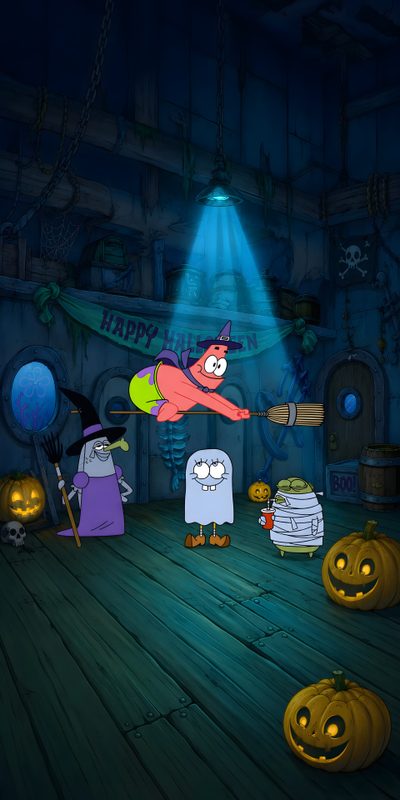 an animated halloween scene with pumpkins and witches Halloween Iphone Movies And Shows Live Photos, Spongebob Halloween, Vintage Halloween Backgrounds, black