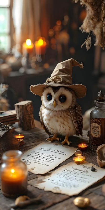 an owl sitting on top of a wooden table next to some candles and other items Halloween Owl Fall Owl Background, Harry Potter Owl, Fall Owl, Witch Owl, dark olive green