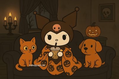 a cartoon character sitting on a couch next to two cats and a dog with a drink in their mouth Chromebook Kuromi Halloween Hello Kitty Rooms, Hello Kitty Items, Aesthetic, Hello Kitty, Kitty, black