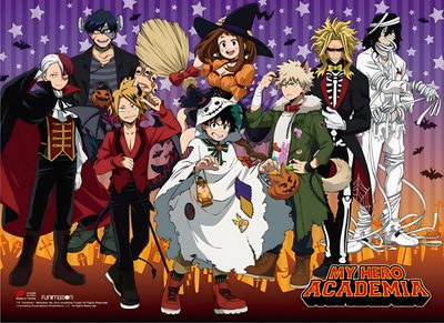 an anime movie poster with many people dressed up as witches and other characters in costumes My Hero Academia Halloween Mha Halloween Official Art, My Hero Academia Group Picture, Hero Halloween, dark olive green