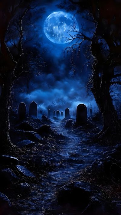 an image of a creepy graveyard at night with the full moon in the sky above Full Moon Halloween Skull Backgrounds, Dark Fantasy Scenery, Paranormal Backgrounds, Dark Graveyard, black