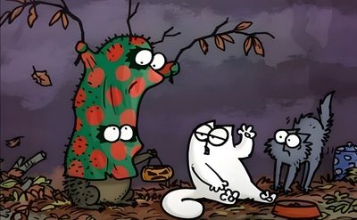 two cats standing next to each other in front of a tree with leaves on it Simons Cat Halloween Hd Simons Cat Spider, Simons Cat Background, Simon The Cat Christmas, dark slate gray