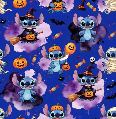 a blue background with lots of pumpkins and cute little stitchers in the sky Halloween Stitch Halloween Iphone Backgrounds, Halloween Backgrounds, Halloween Cute, dark slate blue