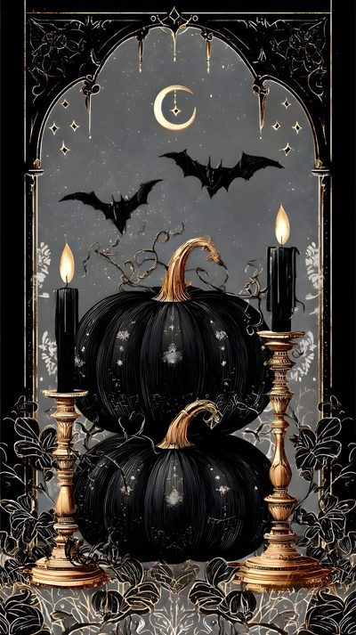 a black and gold halloween card with pumpkins, candles and bats in the background Gothic Halloween For Home Halloween Gothic Ideas, Gothic Halloween Iphone, Gothic Holiday, black