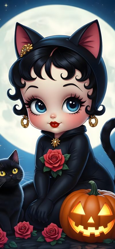 a black cat sitting next to a halloween pumpkin Betty Boop Halloween Happy Halloween Gif, Original Betty Boop, Betty Boop Halloween, dark slate gray