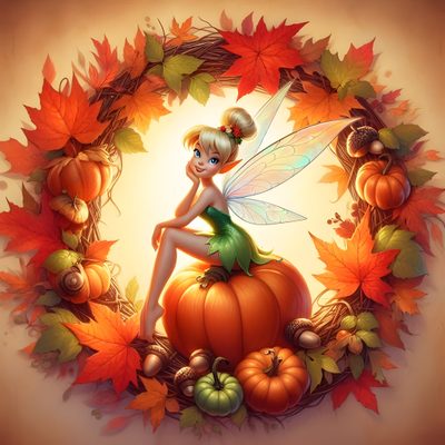 a fairy sitting on top of a pumpkin surrounded by leaves Tinkerbell Halloween Tinkerbell Thanksgiving, Tinkerbell Minister Of Autumn, Tinkerbell Halloween, sienna
