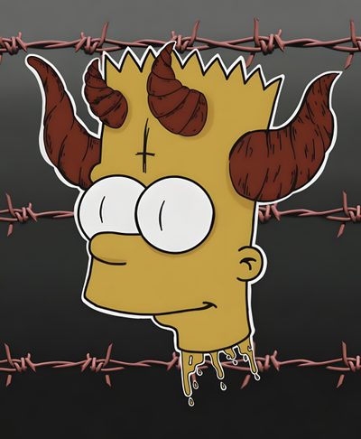 a cartoon character with horns on his head behind barbed wire Bart Simpson Halloween Bart Edgy, Edgy Bart Simpson, Bart Simpson Demon, Bart Simpson Ghost, dark slate gray