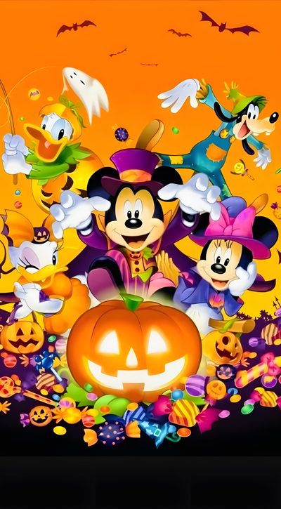 mickey mouse halloween wallpaper with pumpkins and other cartoon characters in the background, Mickey And Friends Halloween Backgrounds Halloween, Halloween Desktop, Disney Characters Christmas, chocolate