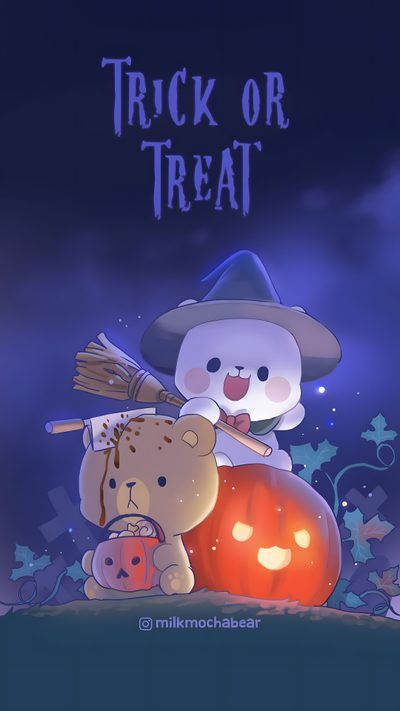 two teddy bears sitting next to each other with pumpkins in front of them and the words trick or treat Milk And Mocha Halloween Image Halloween, Piskel Art, Milk & Mocha, Cute Bear Drawings, dark slate gray