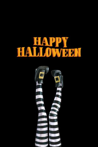 a woman in striped stockings with her legs crossed and the words happy halloween above her Happy Halloween Stockings Witch Broomstick For Halloween, Halloween Happy Halloween Witches Images, Happy Halloween Witch On Broom, black