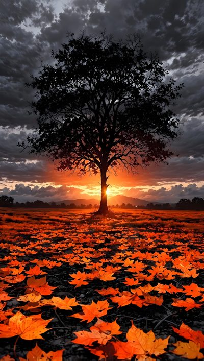 a tree in the middle of a field with leaves all over it and a sunset behind it Halloween Sunrise Autumn Sunrise, Sunset Through Fall Leaves, Fall Tree Pinterest, dark slate gray