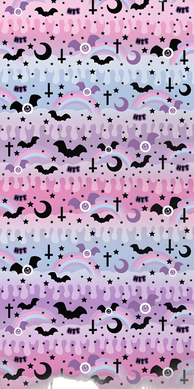 a purple and blue pattern with crosses, clouds, and bats on it's surface Pastel Halloween Party Black Bat And Rainbow Design, Gothic Phone Background Ideas, Pastel Aesthetic Decor Inspiration, thistle