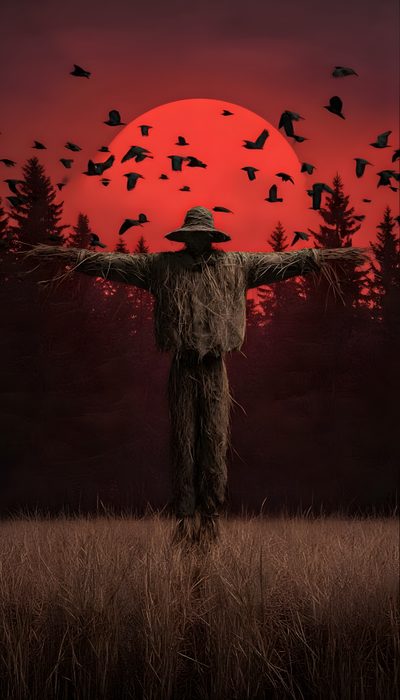 a scarecrow standing in a field with his arms spread out and birds flying over him Halloween Watch Your Back Red Sun, Valentines Art, Scarecrow, Favorite Holiday, dark slate gray