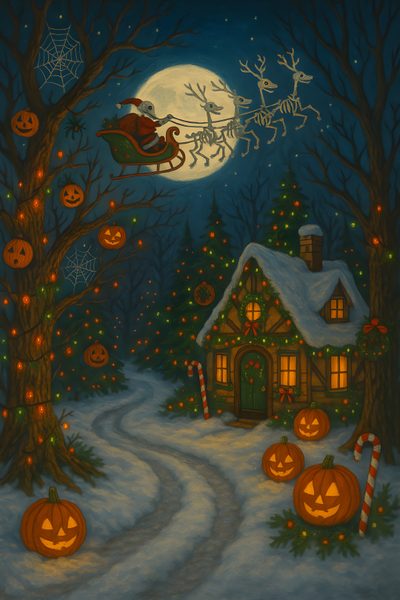 a painting of a christmas scene with santa's sleigh and pumpkins Halloween Christmas Halloween Christmas Background, Christmas Spooky, Christmas And Halloween, dark slate gray