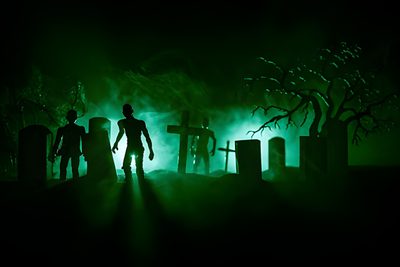 the silhouettes of three people standing in front of tombstones with green light coming from them Green Halloween Desktop Zombie Widget, Zombie Green Aesthetic, Zombie Background, Halloween Gif, black