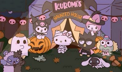 an animated halloween scene with cats and pumpkins in front of a sign that says kudom's painted house Sanrio Halloween Laptop Hello Kitty Halloween Laptop, Sanrio Fall Laptop, Hello Kitty Halloween Desktop, dim gray