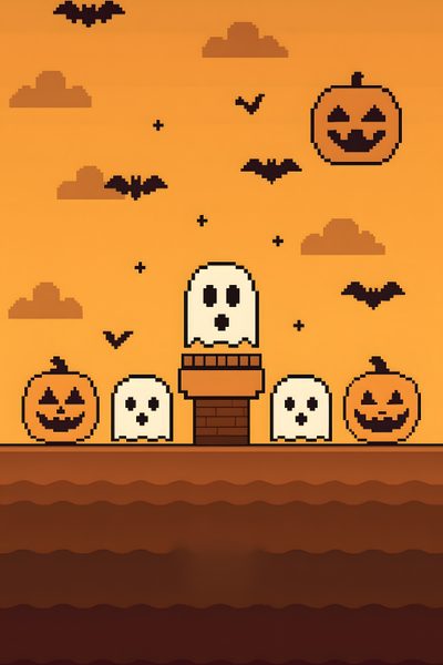 an image of a pixel art halloween scene with pumpkins and ghost heads on the ground 8 Bit Halloween Pixel Design, Pixel Halloween Background, Retro Illustration, Nintendo Halloween, peru