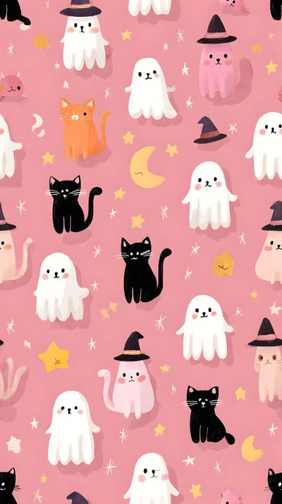 a pink background with cats, ghost and stars in the sky for halloween wallpaper Halloween Scary Cute Cute Halloween, Cute Halloween Backgrounds, Pastel Halloween Iphone, light pink
