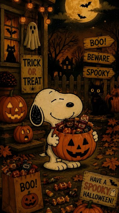 a painting of a dog holding a pumpkin in front of halloween signs and jack - o'- lanterns Happy Halloween Snoopy Halloween Flan, Cute Art, Snoopy Halloween, Spooky Snoopy, Peanuts Gang, Phone, black