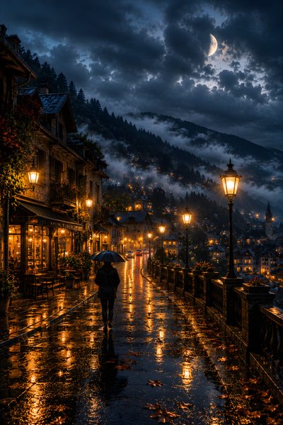 a person holding an umbrella walking down a street at night with the moon in the background Rainy Halloween Night Sky Cabin, black
