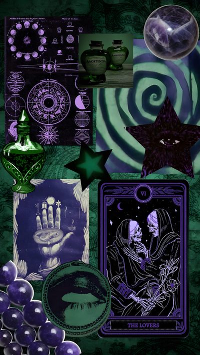 a collage of various items including cards, bottles and other things in purple and green Purple And Green Halloween Goth, Gothic, Witchy, Mood, Iphone Themes, Edgy, dark slate gray