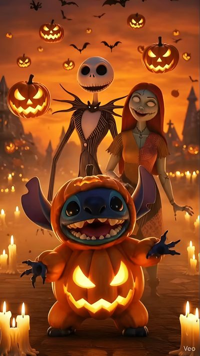 a couple of pumpkins that are sitting in the ground with jack - o'- lanterns Halloween Stitch Gif Halloween Stitch Gif, Stitch Halloween Iphone, Halloween Lilo And Stitch, saddle brown