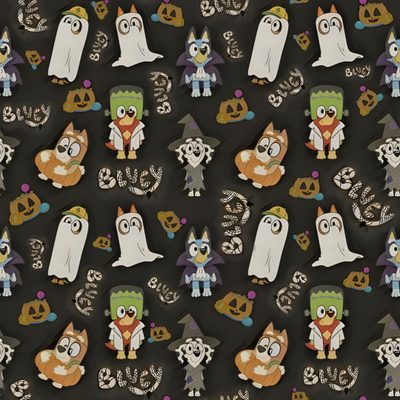 a black background with lots of cartoon characters in different colors and sizes, all on top of each other Bluey Halloween Aesthetic Bluey Thanksgiving, Bluey And Bingo Fall, Bluey Fall, dark slate gray