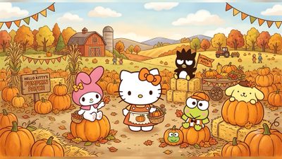 hello kitty and her friends are in the pumpkin patch Sanrio Halloween Laptop Hello Kitty, Kitty, sandy brown