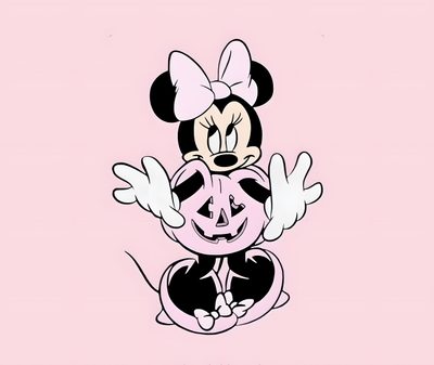 minnie mouse with her hands up in the air, on a pink background that says happy halloween Pink Disney Halloween Pretty Minnie Mouse, Minne Mouse, Cute Minnie Mouse Pfp, misty rose