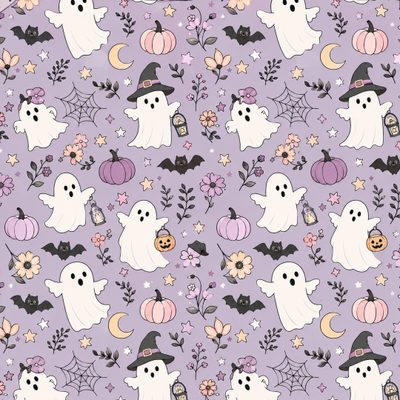 a purple background with lots of ghost and pumpkins on it, all in different colors Boho Halloween On Light Purple Pastel Goth, Halloween Prints, Kids Bags, Water Based Ink, Diy For Kids, silver