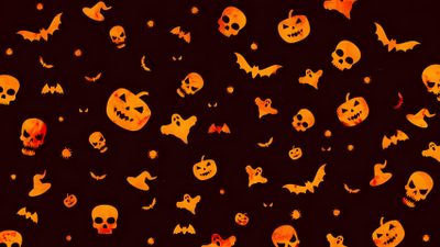 halloween pumpkins and bats on a black background with orange glow in the dark sky Halloween For Teams Diy Halloween Party Decor, Halloween Invitation Background Ideas, Halloween Pattern With Skulls And Pumpkins, black