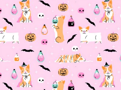 a pink background with cats, bats and pumpkins Halloween Corgi Pattern Diy Corgi-themed Halloween Decorations, Corgi Halloween, Cute Spooky Corgi, misty rose