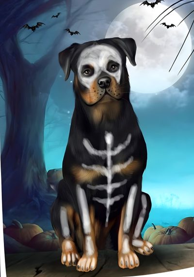 a dog with skeleton bones sitting in front of a tree and bats on the night sky Halloween Rottweiler Animals, Disney Rottweiler, Rottweiler Wearing Hoodie Drawing, dark slate gray