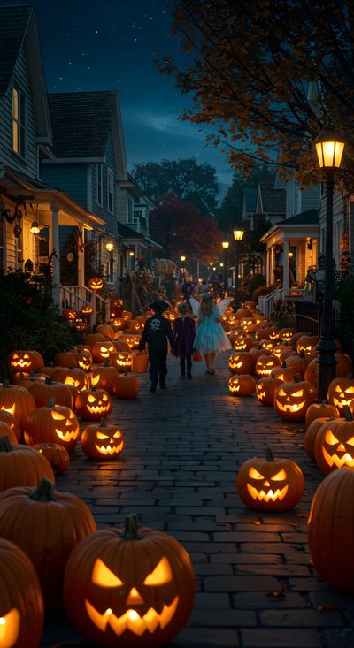 Halloween street vibes with glowing pumpkins! 🎃 Save & feel the spooky joy. #TrickOrTreat #HalloweenWallpaper #SpookyVibes Halloween Artwork, Selfies, Halloween Backgrounds, Halloween City Wallpaper, Halloween Neighborhood, Halloween Town Background, Halloween Town Photos, Pumpkin Wallpaper, Glow Pumpkin Large Scale Halloween Trick Or Treats Halloween Artwork, Selfies, Halloween Backgrounds, Halloween City, black