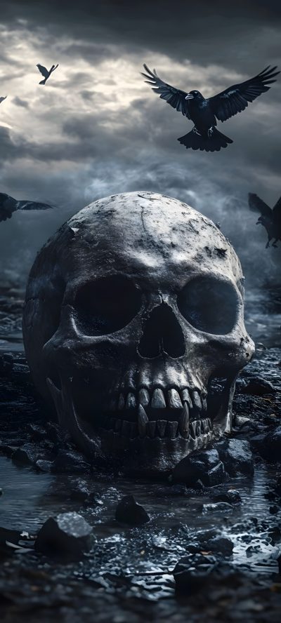 a skull in the water with birds flying around Halloween Skull Iphone Skull Iphone, Horror Photos, Dark Red, Skull Artwork, Dark Phone, dark slate gray