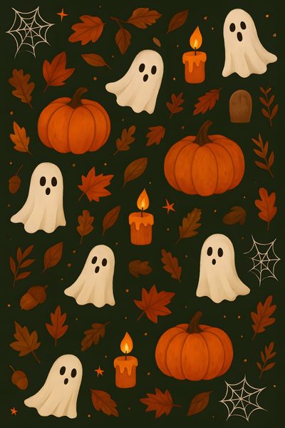 a group of pumpkins and candles with ghost faces on them, surrounded by leaves Aesthetic Halloween Elements Halloween, Cute Ghost, Lock Screen, Happy Halloween, Phone, Ghost, black