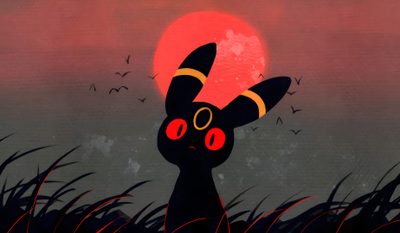 a black cat with red eyes standing in tall grass at night under a full moon Umbreon Halloween 1920x1080 Umbreon Aesthetic, Umbreon Icon, Cute Dark Pokemon, dark slate gray