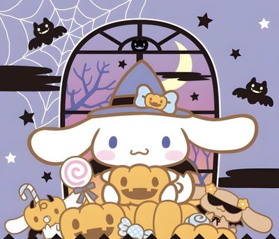a cartoon character sitting on top of a pile of stuffed animals in front of a window Cinnamoroll Halloween Ipad Cinnamoroll Halloween Icon, Cinnamoroll Halloween Pfp, Cinnamoroll Pumpkin Painting, dark gray