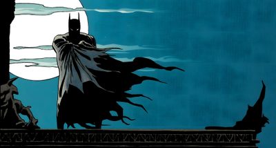 the dark knight is standing on top of a building in front of a full moon Batman Long Halloween Batman Aesthetic Pc, Batman Laptop Background, Batman Laptop, Batman Banner Gif, teal