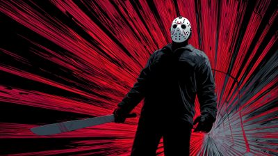 a person with a mask holding a snowboard in front of red and black lines Halloween Jason Voorhees Jason Hd, Jason Voorhees All Masks, Jason Voorhees Background, black