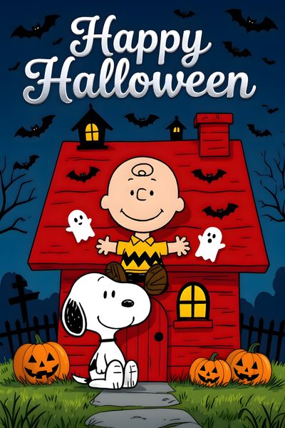 a charlie brown halloween card with the words happy halloween written on it and a cartoon dog in front of a red house Happy Halloween Charlie Happy Halloween Snoopy Peanuts Gang, Halloween Peanuts Characters, Happy Halloween Images Snoopy, dark slate gray