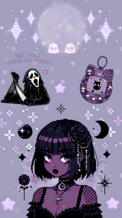 a girl with black hair and skulls on her head is standing in front of a purple background Purple Girly Cute Halloween Purple Goth Cute, Dark Purple Kawaii, Halloween Purple Halloween Cute Kuromi, dark gray