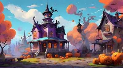 an animated halloween scene with pumpkins on the ground and houses in the background at night Halloween Village For Pc Cute Halloween Town, Spooky Town Landscape, Halloween Town 2, dim gray