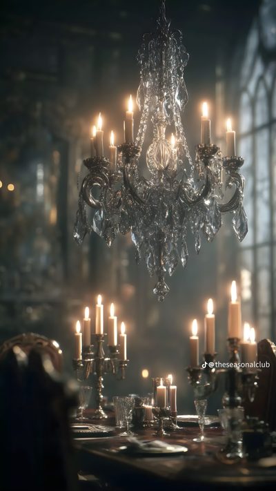 a chandelier hanging from the ceiling in a dining room filled with tables and chairs Halloween Chandelier Castle Chandelier, Dark Wood Dining Room, Victorian Chandelier, dark slate gray