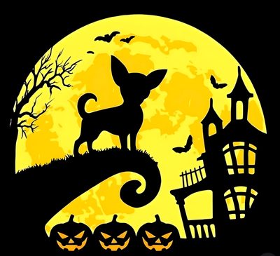 a dog standing on top of a hill in front of a full moon with bats Halloween Chihuahua Halloween Canvas Paintings, Halloween Class Party, Chihuahua Art, Dog Coloring Book, black