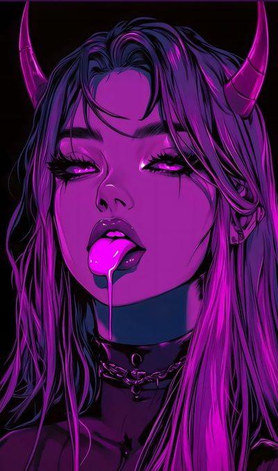 a drawing of a woman with horns on her head and tongue sticking out from her mouth Hot Halloween Dark Aesthetic Neon Art, Neon Art Aesthetic, Neon Art Drawing, Neon Aesthetic Art, midnight blue