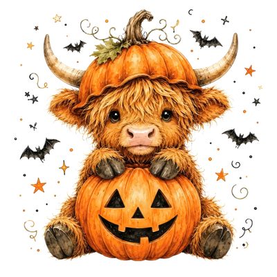 a brown cow sitting on top of a pumpkin Cute Halloween Highland Cow Fall Cow Pictures, Cow Pumpkin, Halloween Farm Animals, white