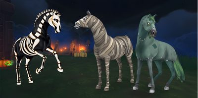 three zebras are standing in the grass at night, one is black and white Star Stable Halloween 1920x1080 How To Dress Up Your Horse For Halloween, Star Stable Halloween, Spooked Horse, black