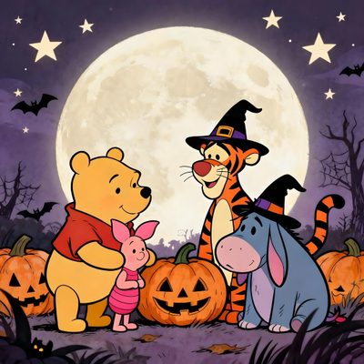winnie the pooh, tigger, and piglet in front of a full moon Disney Halloween Winnie The Pooh Winnie The Pooh Halloween, Spooky Costumes, Bear Halloween, dim gray